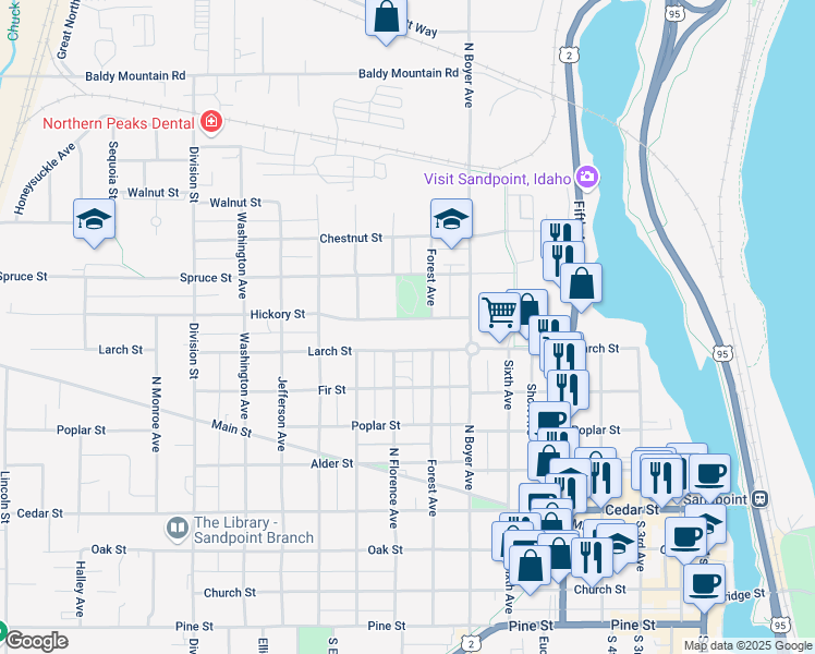 map of restaurants, bars, coffee shops, grocery stores, and more near 806 Larch Street in Sandpoint