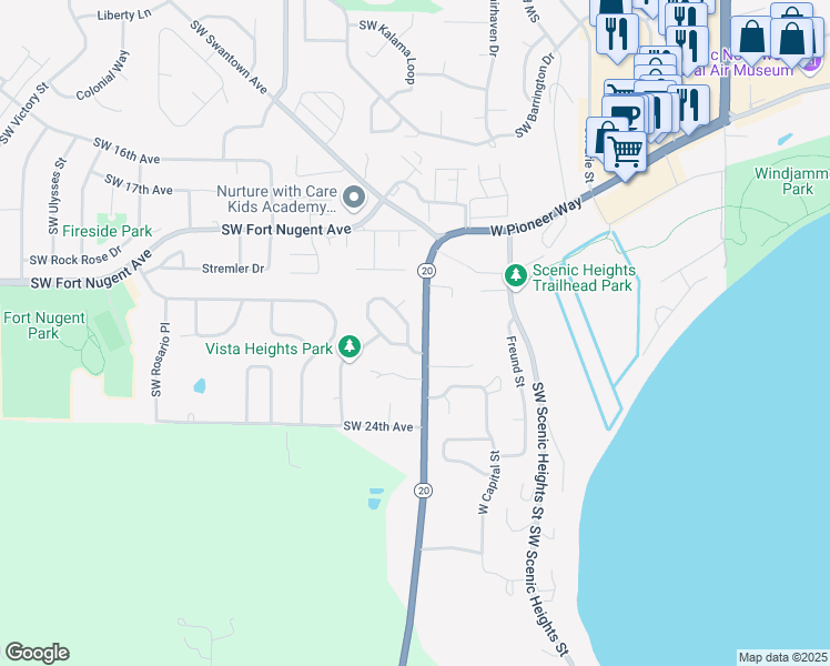 map of restaurants, bars, coffee shops, grocery stores, and more near 1050 Southwest Harbor Vista Circle in Oak Harbor