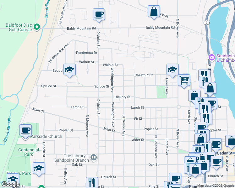 map of restaurants, bars, coffee shops, grocery stores, and more near 1211 Spruce Street in Sandpoint