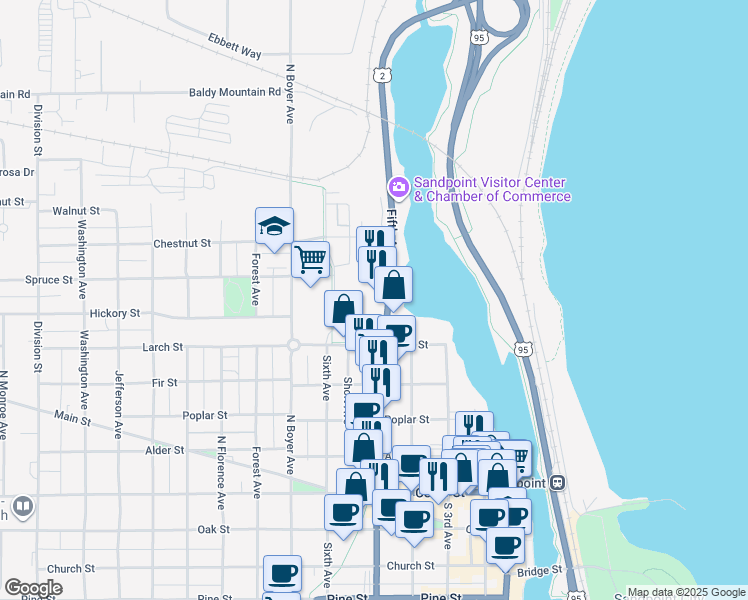 map of restaurants, bars, coffee shops, grocery stores, and more near 1000-1198 N 5th Ave in Sandpoint