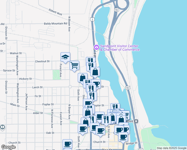 map of restaurants, bars, coffee shops, grocery stores, and more near 1198 North 5th Avenue in Sandpoint