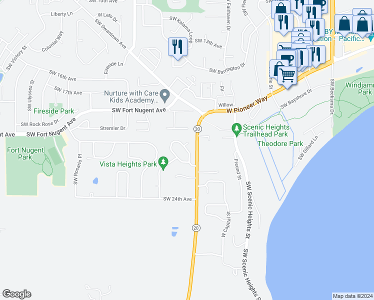 map of restaurants, bars, coffee shops, grocery stores, and more near 1301 Southwest Harbor Vista Circle in Oak Harbor