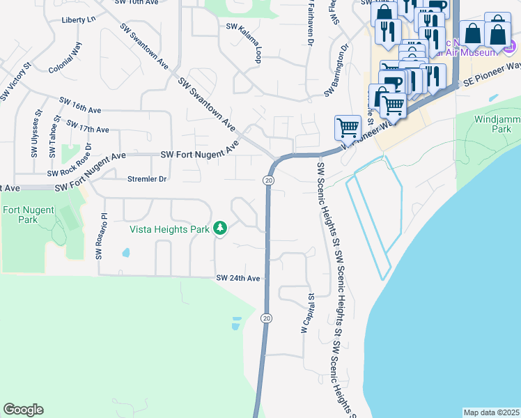 map of restaurants, bars, coffee shops, grocery stores, and more near 1070 Southwest Harbor Vista Circle in Oak Harbor