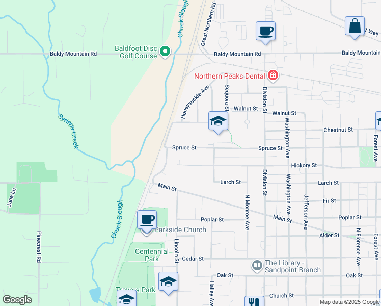 map of restaurants, bars, coffee shops, grocery stores, and more near 1805 Spruce Street in Sandpoint