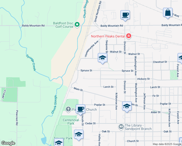 map of restaurants, bars, coffee shops, grocery stores, and more near 1805 Spruce Street in Sandpoint