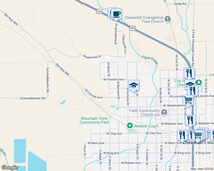 map of restaurants, bars, coffee shops, grocery stores, and more near 706 North Ridge Street in Chewelah