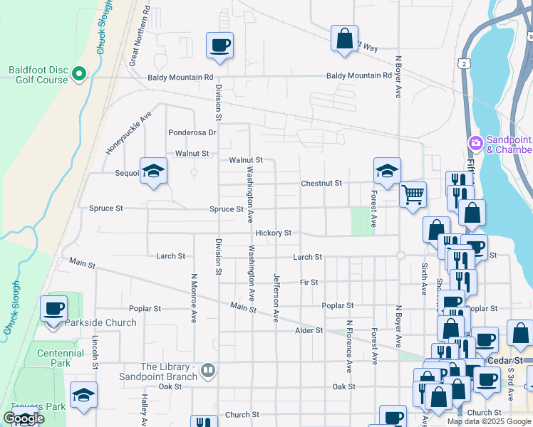 map of restaurants, bars, coffee shops, grocery stores, and more near 1211 Spruce Street in Sandpoint