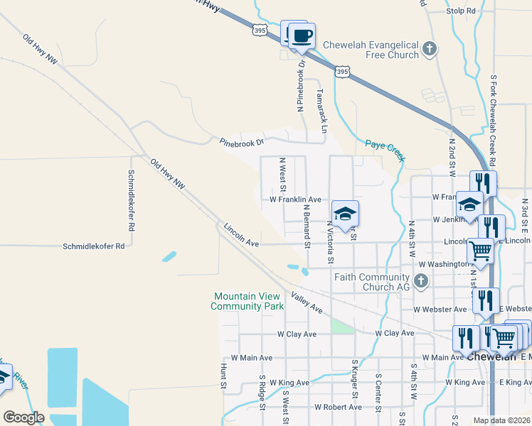 map of restaurants, bars, coffee shops, grocery stores, and more near 706 North Ridge Street in Chewelah