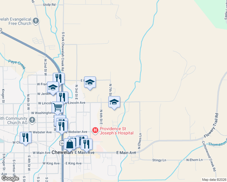 map of restaurants, bars, coffee shops, grocery stores, and more near 703 North 7th Street East in Chewelah
