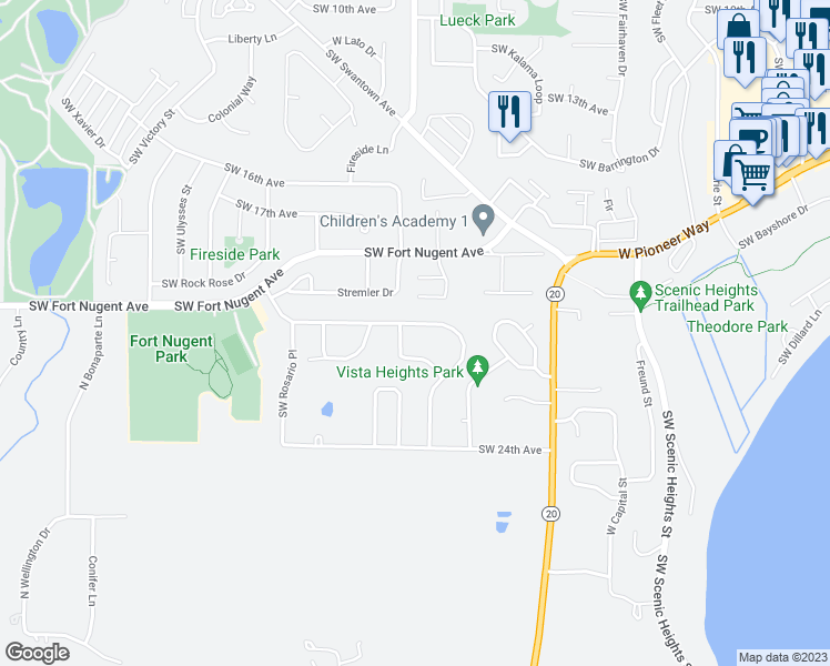 map of restaurants, bars, coffee shops, grocery stores, and more near 1097 Ridgeway Drive in Oak Harbor