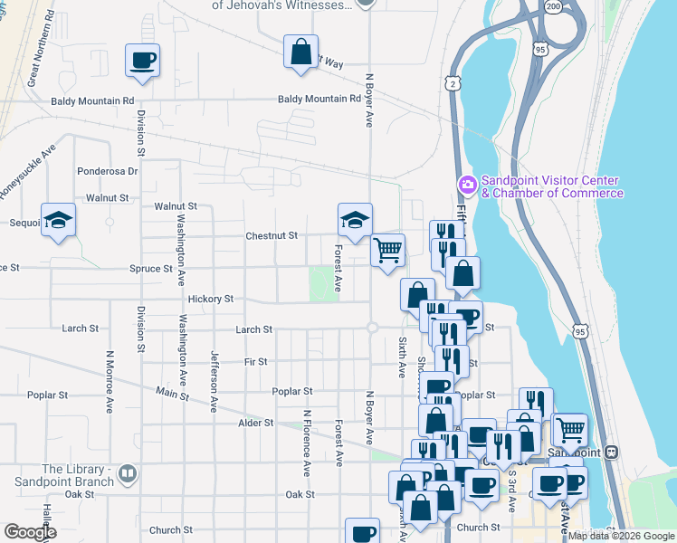 map of restaurants, bars, coffee shops, grocery stores, and more near 92 Forest Avenue in Sandpoint