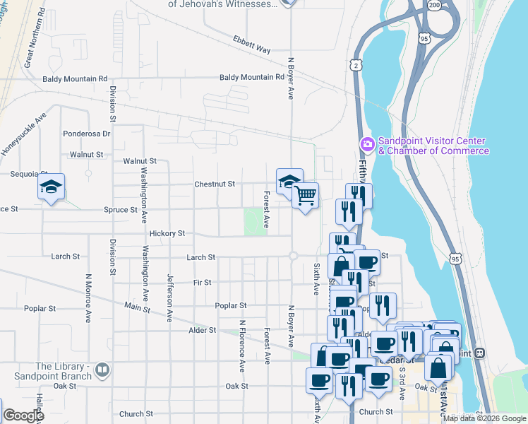 map of restaurants, bars, coffee shops, grocery stores, and more near 92 Forest Avenue in Sandpoint