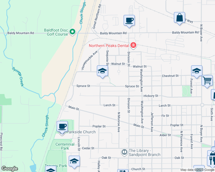 map of restaurants, bars, coffee shops, grocery stores, and more near 1626 Spruce Street in Sandpoint