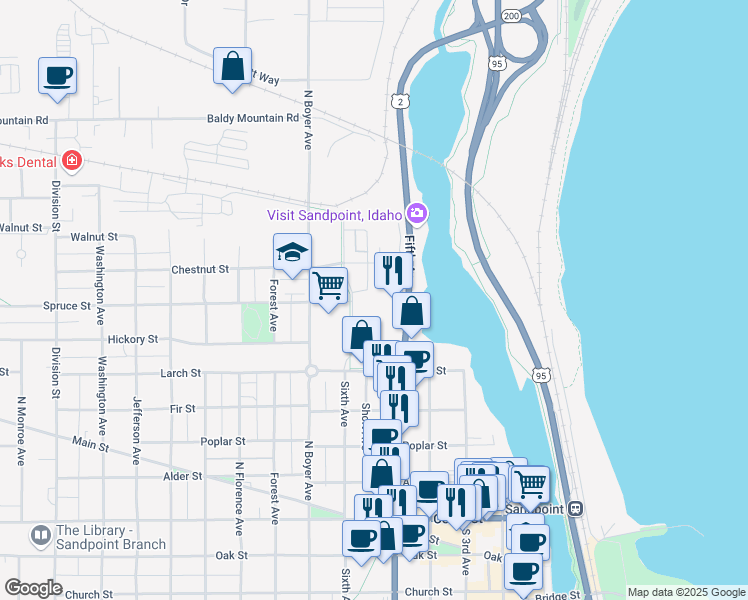 map of restaurants, bars, coffee shops, grocery stores, and more near 1010 Maple Street in Sandpoint