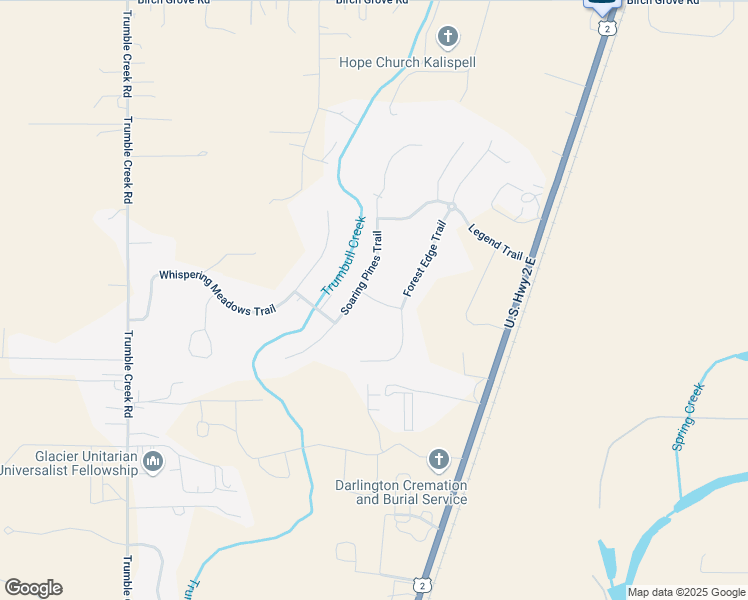 map of restaurants, bars, coffee shops, grocery stores, and more near Rain Dance Trail in Kalispell