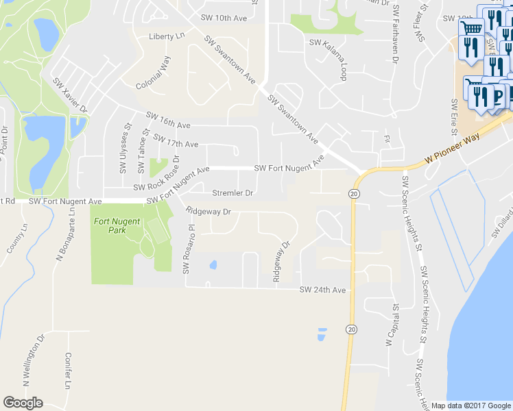 map of restaurants, bars, coffee shops, grocery stores, and more near 1133 Ridgeway Drive in Oak Harbor