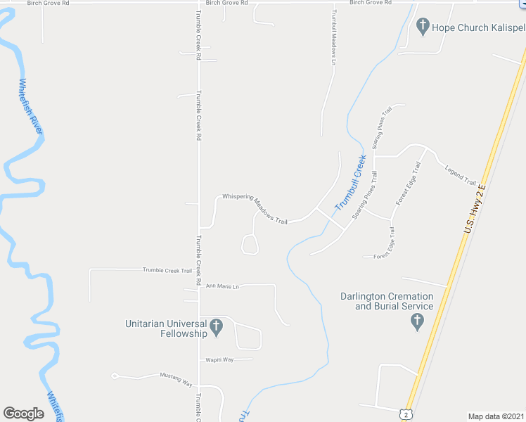 map of restaurants, bars, coffee shops, grocery stores, and more near Whispering Meadows Trail in Kalispell