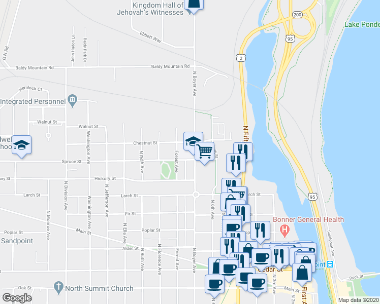 map of restaurants, bars, coffee shops, grocery stores, and more near 1005 North Boyer Avenue in Sandpoint
