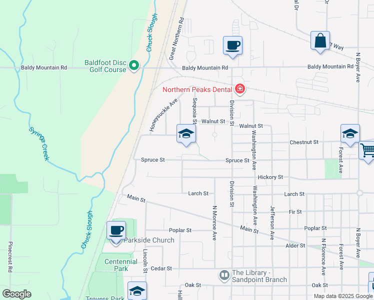 map of restaurants, bars, coffee shops, grocery stores, and more near 1626 Spruce Street in Sandpoint