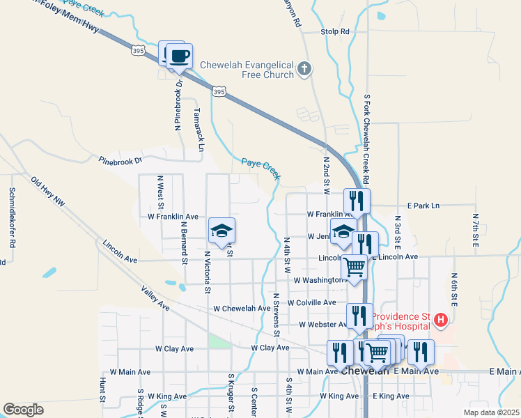 map of restaurants, bars, coffee shops, grocery stores, and more near 806 Kruger Street in Chewelah