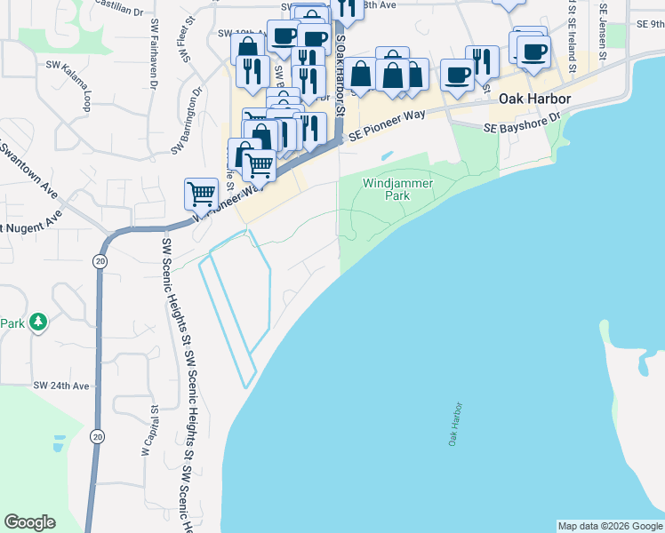 map of restaurants, bars, coffee shops, grocery stores, and more near 1812 Southwest Beeksma Drive in Oak Harbor