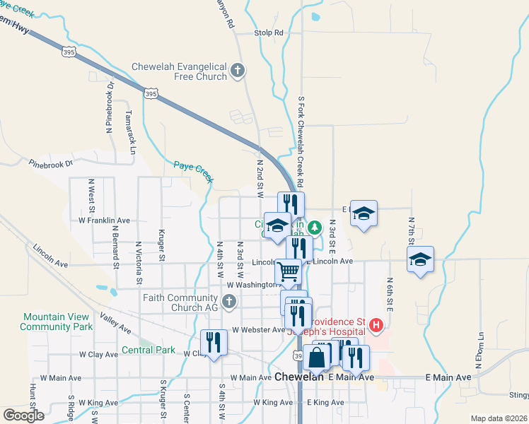 map of restaurants, bars, coffee shops, grocery stores, and more near 105 West Grant Avenue in Chewelah