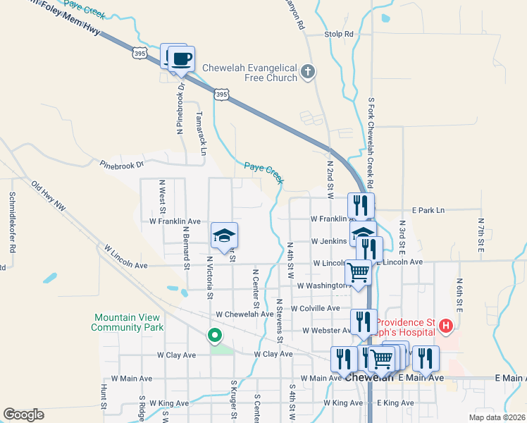 map of restaurants, bars, coffee shops, grocery stores, and more near 806 Kruger Street in Chewelah