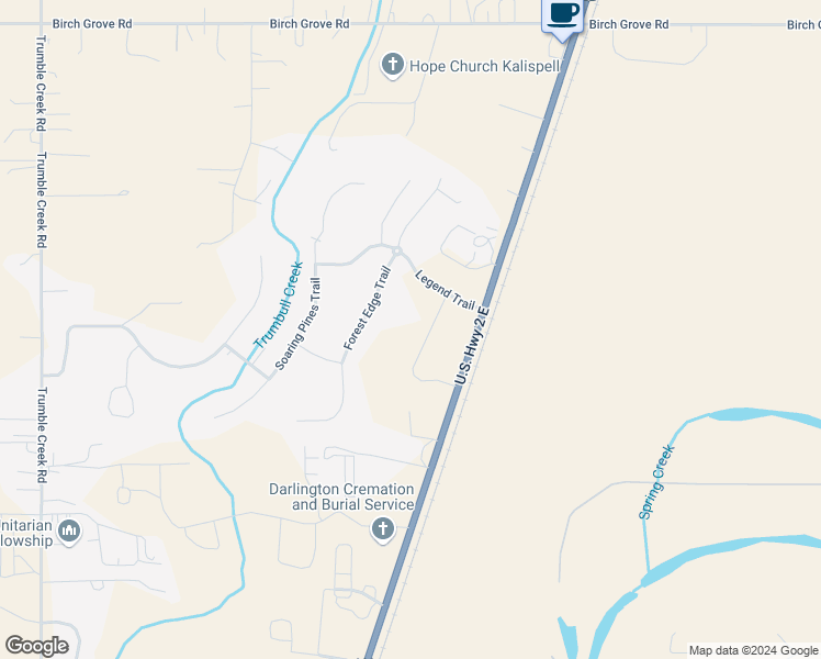 map of restaurants, bars, coffee shops, grocery stores, and more near 413-499 Forest Edge Trail in Kalispell
