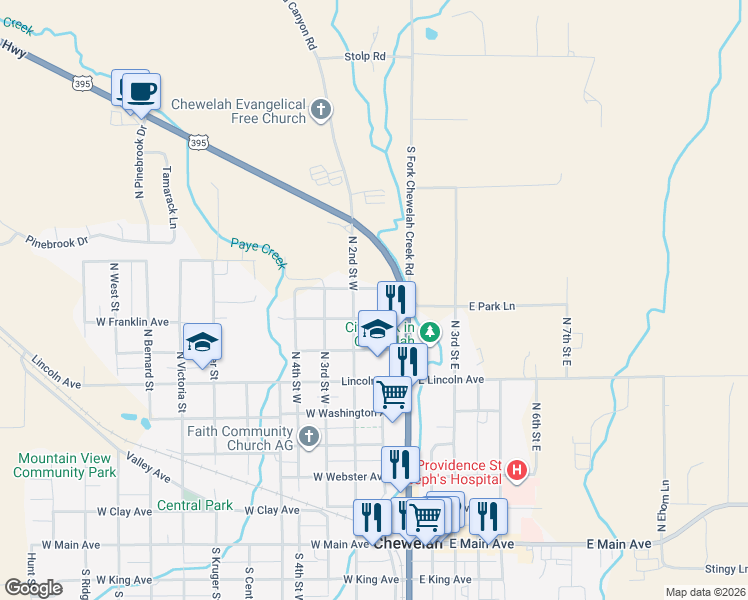 map of restaurants, bars, coffee shops, grocery stores, and more near 105 West Grant Avenue in Chewelah