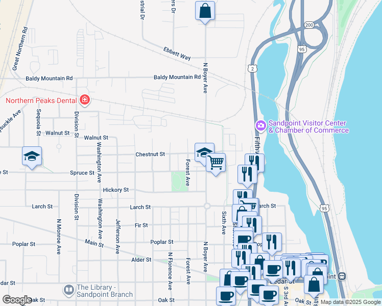 map of restaurants, bars, coffee shops, grocery stores, and more near 1105 Forest Avenue in Sandpoint