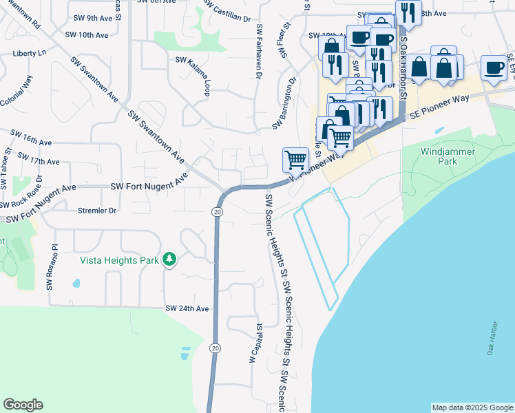 map of restaurants, bars, coffee shops, grocery stores, and more near 30970 Washington 20 in Oak Harbor