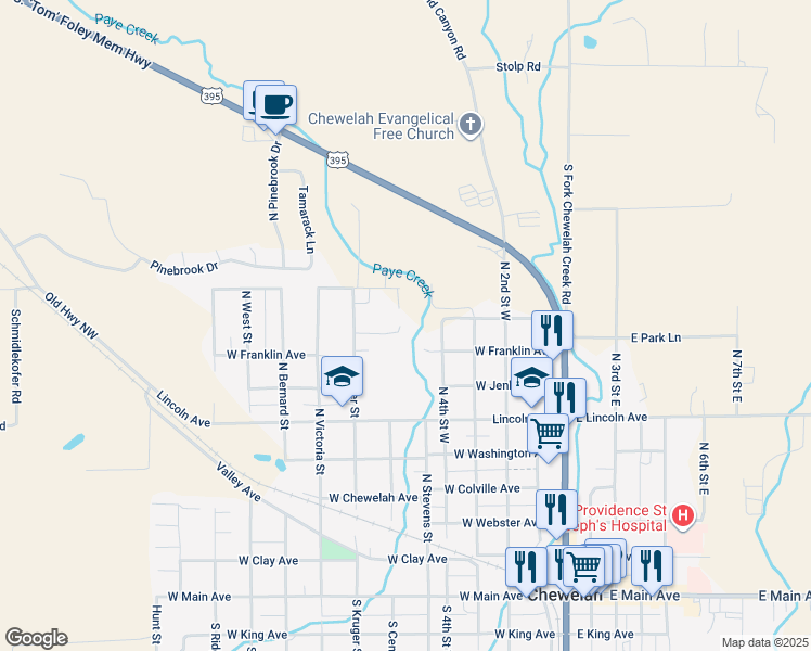map of restaurants, bars, coffee shops, grocery stores, and more near 806 Kruger Street in Chewelah