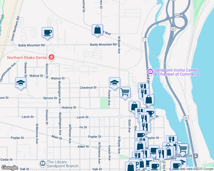 map of restaurants, bars, coffee shops, grocery stores, and more near 1105 Forest Avenue in Sandpoint