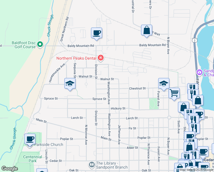 map of restaurants, bars, coffee shops, grocery stores, and more near 1111 Washington Avenue in Sandpoint