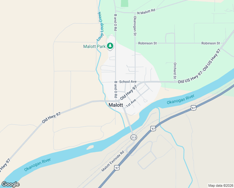 map of restaurants, bars, coffee shops, grocery stores, and more near 44 B and O Road in Okanogan