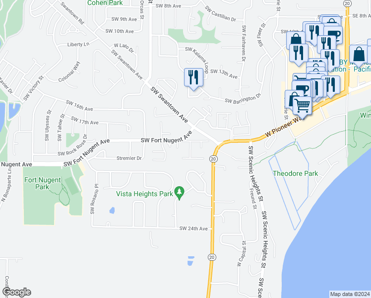 map of restaurants, bars, coffee shops, grocery stores, and more near 2025 Baymont Drive in Oak Harbor