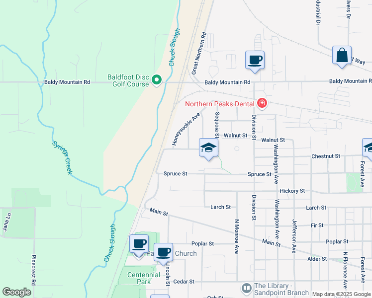 map of restaurants, bars, coffee shops, grocery stores, and more near 1709 Sequoia Street in Sandpoint