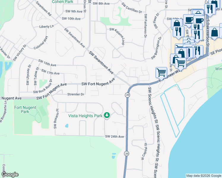 map of restaurants, bars, coffee shops, grocery stores, and more near 2025 Baymont Drive in Oak Harbor