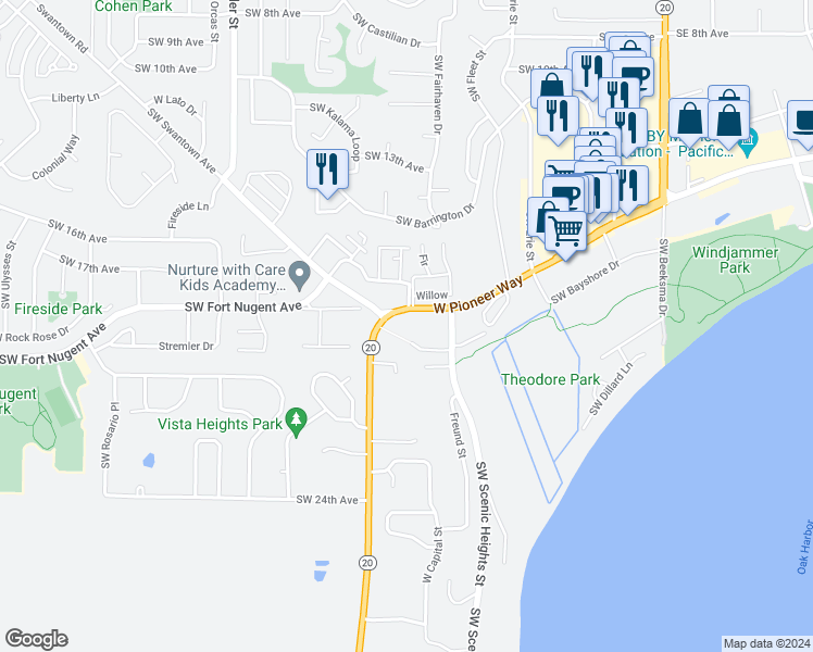 map of restaurants, bars, coffee shops, grocery stores, and more near 30900 Washington 20 in Oak Harbor