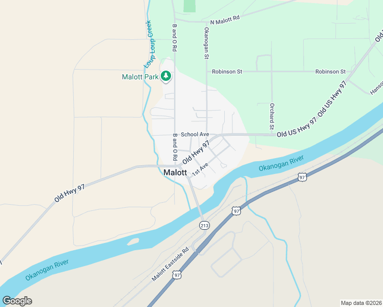 map of restaurants, bars, coffee shops, grocery stores, and more near 44 B and O Road in Okanogan