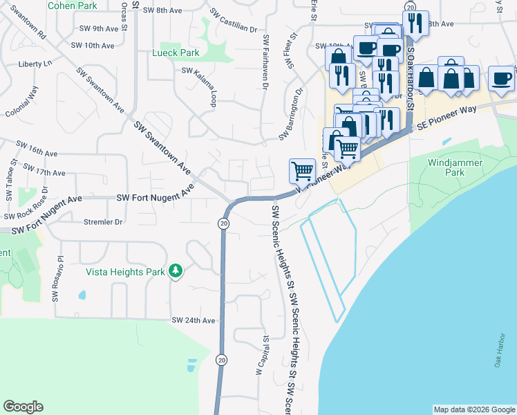 map of restaurants, bars, coffee shops, grocery stores, and more near 30970 Washington 20 in Oak Harbor