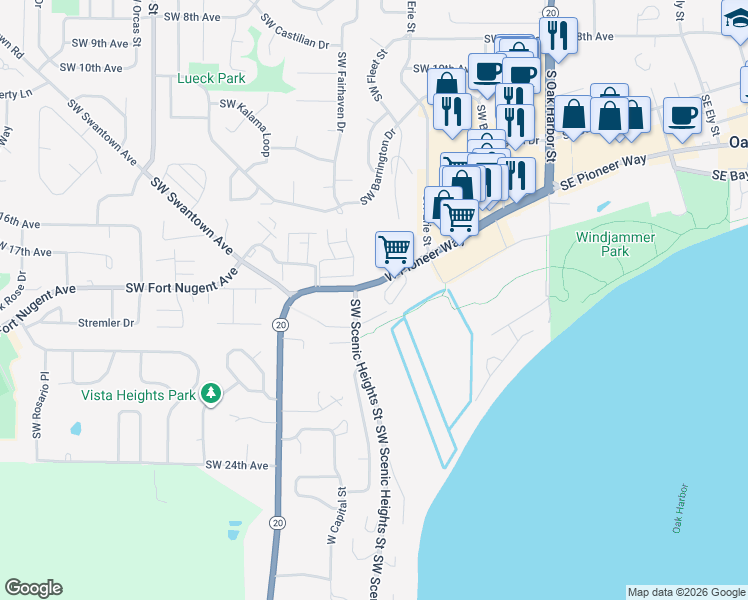 map of restaurants, bars, coffee shops, grocery stores, and more near 32785 State Route 20 in Oak Harbor