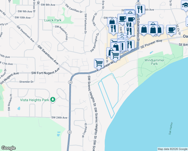 map of restaurants, bars, coffee shops, grocery stores, and more near 32785 State Route 20 in Oak Harbor