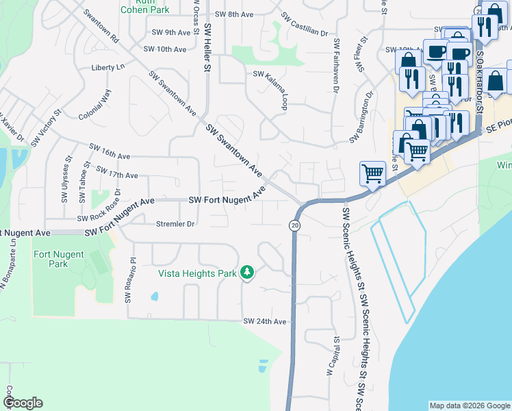 map of restaurants, bars, coffee shops, grocery stores, and more near 2025 Baymont Drive in Oak Harbor