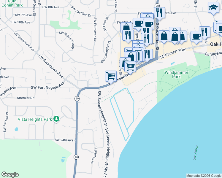 map of restaurants, bars, coffee shops, grocery stores, and more near 32650 Washington 20 in Oak Harbor