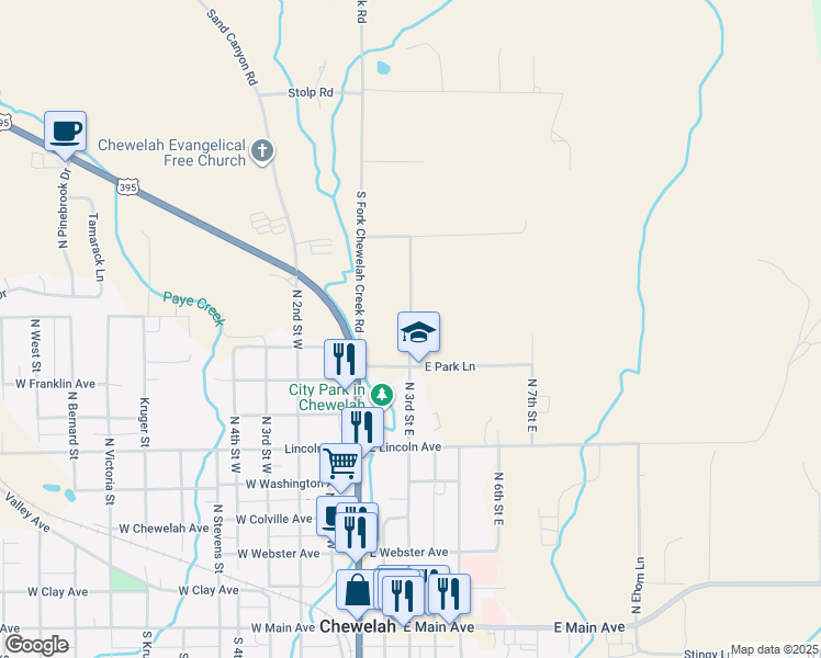 map of restaurants, bars, coffee shops, grocery stores, and more near 1005 North 3rd Street East in Chewelah
