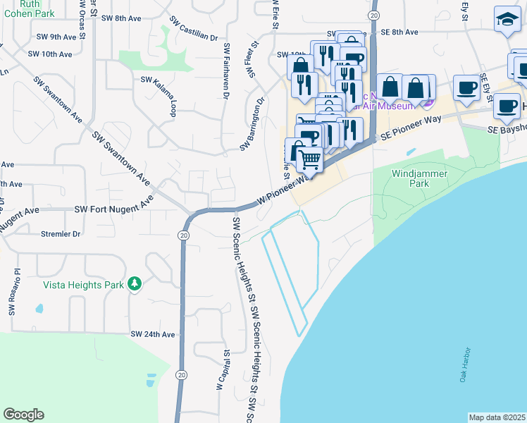 map of restaurants, bars, coffee shops, grocery stores, and more near 32650 Washington 20 in Oak Harbor