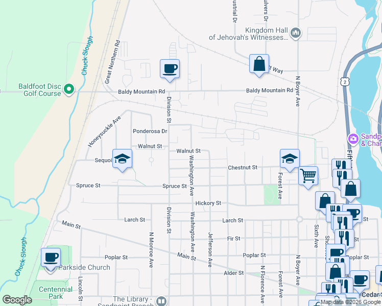map of restaurants, bars, coffee shops, grocery stores, and more near 1111 Washington Avenue in Sandpoint