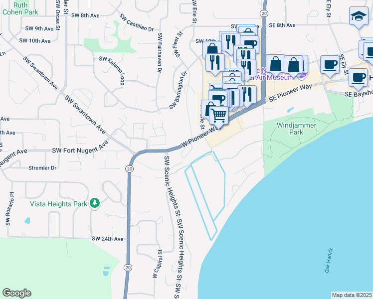 map of restaurants, bars, coffee shops, grocery stores, and more near 32650 Washington 20 in Oak Harbor