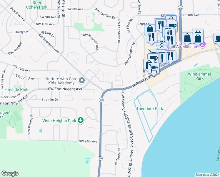 map of restaurants, bars, coffee shops, grocery stores, and more near 30900 Washington 20 in Oak Harbor